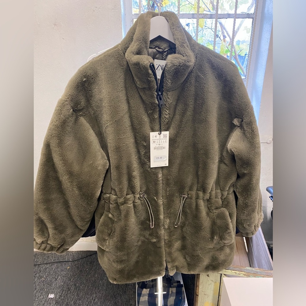 Zara Brown Faux Fur Jacket with cinch waist. New with Tags